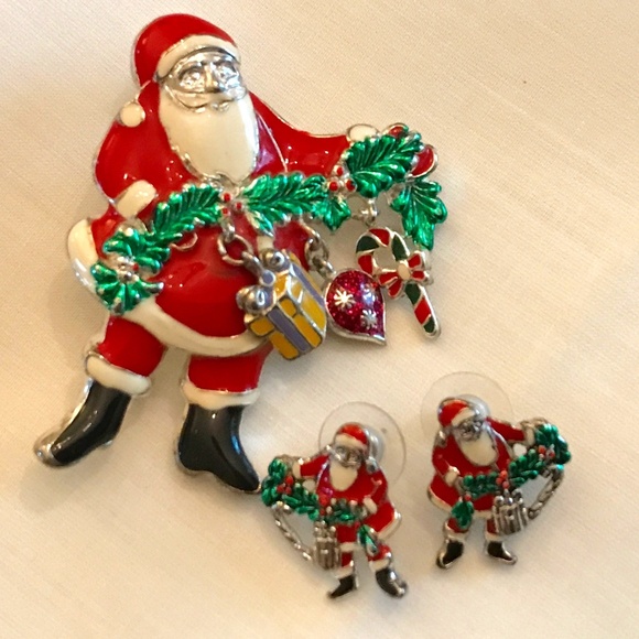 Santa Brooch/Pendant with Matching Earrings - Picture 1 of 3